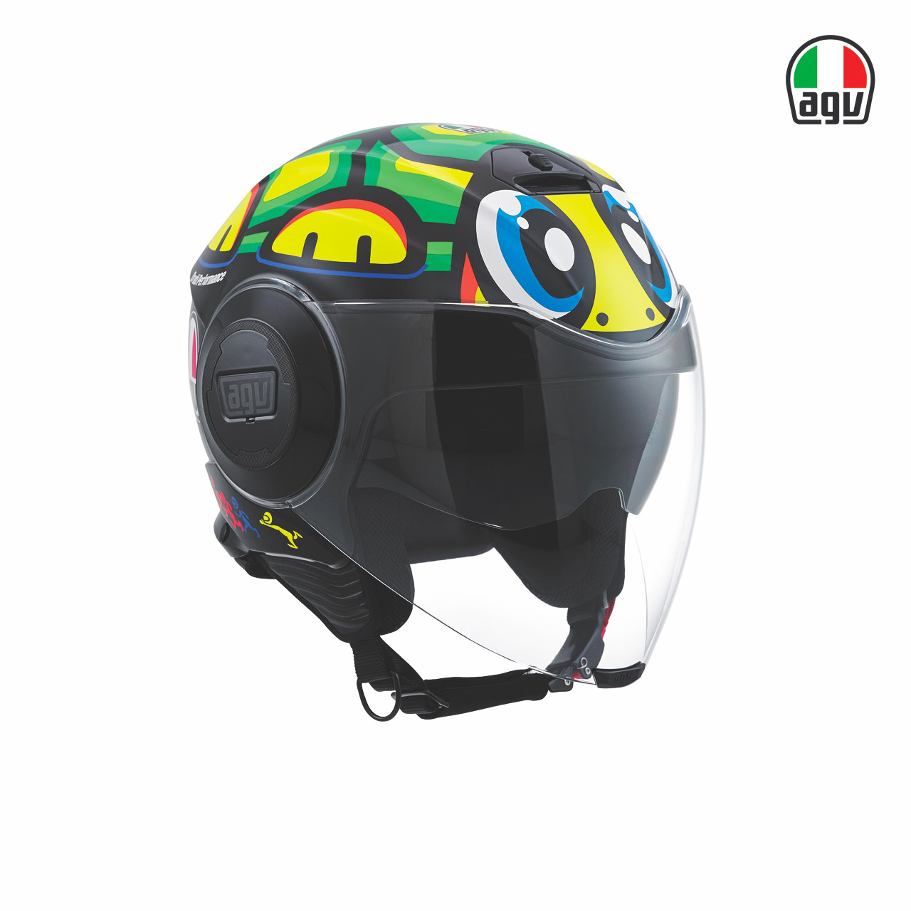 agv Fluid 4分之3安全帽，也是這次米蘭車展的發表重點，搭配Rossi的烏龜帽圖裝頗具可愛賣相。